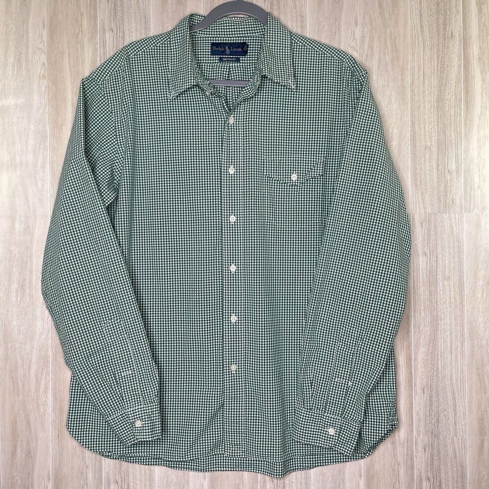 Polo Ralph Lauren Custom Fit Shirt Mens XL Green Check Plaid Long Sleeve Pocket